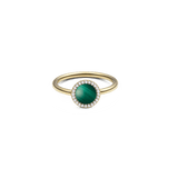 Gold ring featuring a vivid green malachite centrepiece surrounded by a halo of white cubic zirconia, set on a slim polished band.