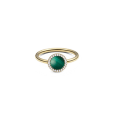 Gold ring featuring a vivid green malachite centrepiece surrounded by a halo of white cubic zirconia, set on a slim polished band.