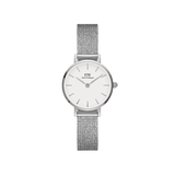Petite Pressed Sterling ladies watch featuring a slim stainless steel mesh strap, minimalist white dial, and petite 24mm case, ideal for everyday wear and elegant styling.