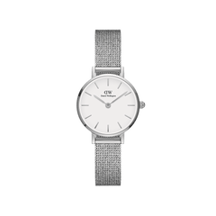 Petite Pressed Sterling ladies watch featuring a slim stainless steel mesh strap, minimalist white dial, and petite 24mm case, ideal for everyday wear and elegant styling.