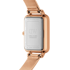 The back view of the Quadro Lumine Pressed Piano White MoP Rose Gold watch shows its stainless steel case, rose gold finish, and engraved details, including water resistance and Japanese movement.
