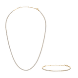 Polished gold tennis necklace and matching tennis bracelet, each featuring a row of sparkling stones and secure clasps, displayed against a plain background.
