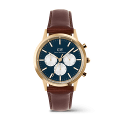 Iconic Chronograph St Mawes Arctic Panda Gold watch featuring a gold case, deep blue dial with white sub-dials, luminous hands and indexes, and a brown stitched leather strap.