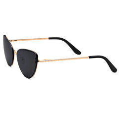 Lynx Steel Black sunglasses with a rose gold plated stainless steel frame, black cat eye lenses, and sleek black temple tips, offering a modern and elegant look for women.