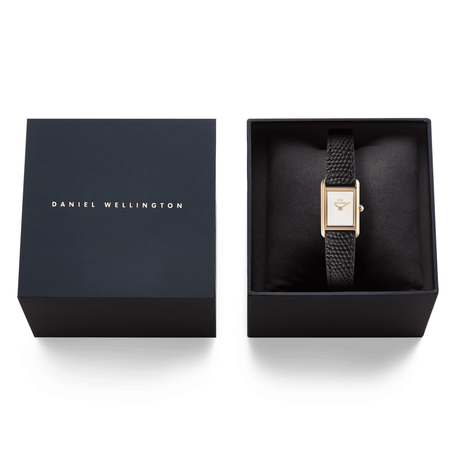 Daniel Wellington Bound Mini Black Lizard Rose Gold watch presented in an elegant black gift box, with the textured black leather strap and slim rectangular rose gold case displayed next to the branded lid.