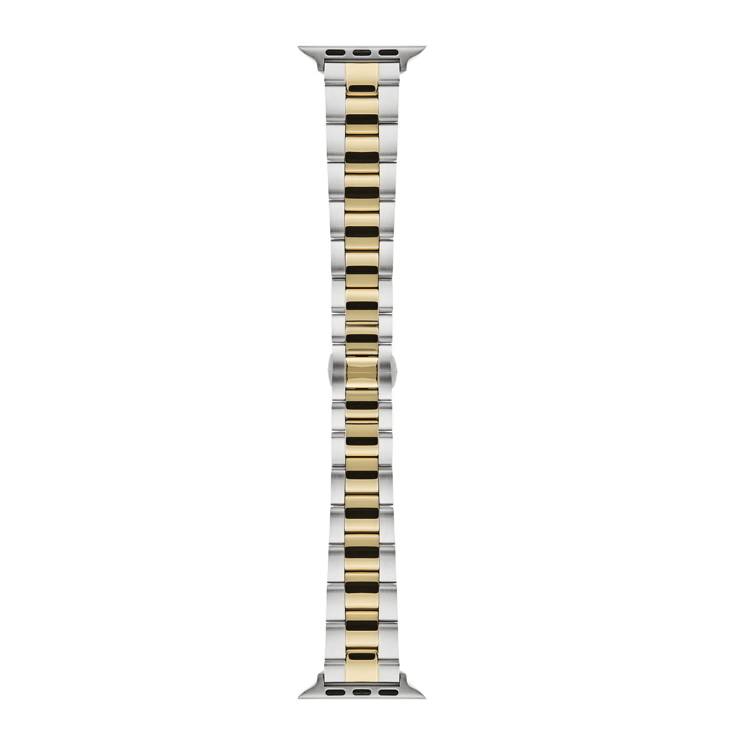 Smartwatch Iconic Link two-tone strap for Apple Watch, featuring polished gold centre links and brushed silver outer links in a classic 3-link design, crafted from stainless steel with a butterfly buckle closure.