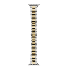 Smartwatch Iconic Link two-tone strap for Apple Watch, featuring polished gold centre links and brushed silver outer links in a classic 3-link design, crafted from stainless steel with a butterfly buckle closure.