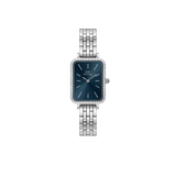 Quadro Lumine Bezel 5-Link Arctic Silver ladies watch featuring a rectangular stainless steel case, blue dial, sparkling gemstone bezel, and a polished 5-link adjustable bracelet.