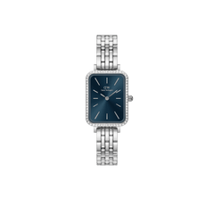 Quadro Lumine Bezel 5-Link Arctic Silver ladies watch featuring a rectangular stainless steel case, blue dial, sparkling gemstone bezel, and a polished 5-link adjustable bracelet.