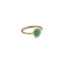 Audrey Ring Jade Gold with a polished gold band, featuring a domed green jade centre surrounded by sparkling white cubic zirconia in a modern, elegant setting.