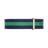 Warwick Strap Rose Gold features a navy and green striped NATO design with a rose gold buckle, made from durable polyester for a stylish and comfortable watch upgrade.