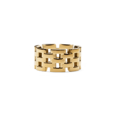 5-Link Ring Gold featuring a wide band, polished gold finish, and distinctive geometric open link design, ideal for making a statement.