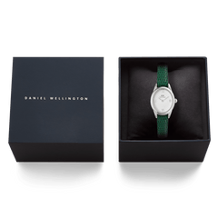 Daniel Wellington Ophelia Mini Green Lizard White Guilloché Silver watch displayed in its original gift box, featuring a green lizard-embossed leather strap and a petite silver case with a white guilloché dial.