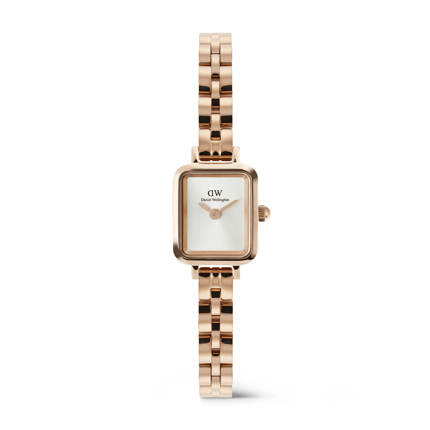 Quadro Mini Arch 3-link White Sunray Rose Gold ladies watch featuring a petite rectangular case, minimalist white sunray dial, and a polished rose gold three-link bracelet.