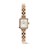 Quadro Mini Arch 3-link White Sunray Rose Gold ladies watch featuring a petite rectangular case, minimalist white sunray dial, and a polished rose gold three-link bracelet.