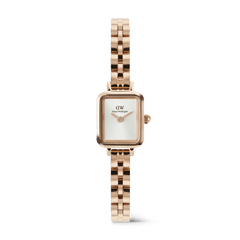 Quadro Mini Arch 3-link White Sunray Rose Gold ladies watch featuring a petite rectangular case, minimalist white sunray dial, and a polished rose gold three-link bracelet.