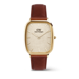Men’s Daniel Wellington Marlon St Mawes Linen Gold watch with a cushion-shaped gold case, linen-textured dial, minimalist gold-tone markers, and a brown leather strap.