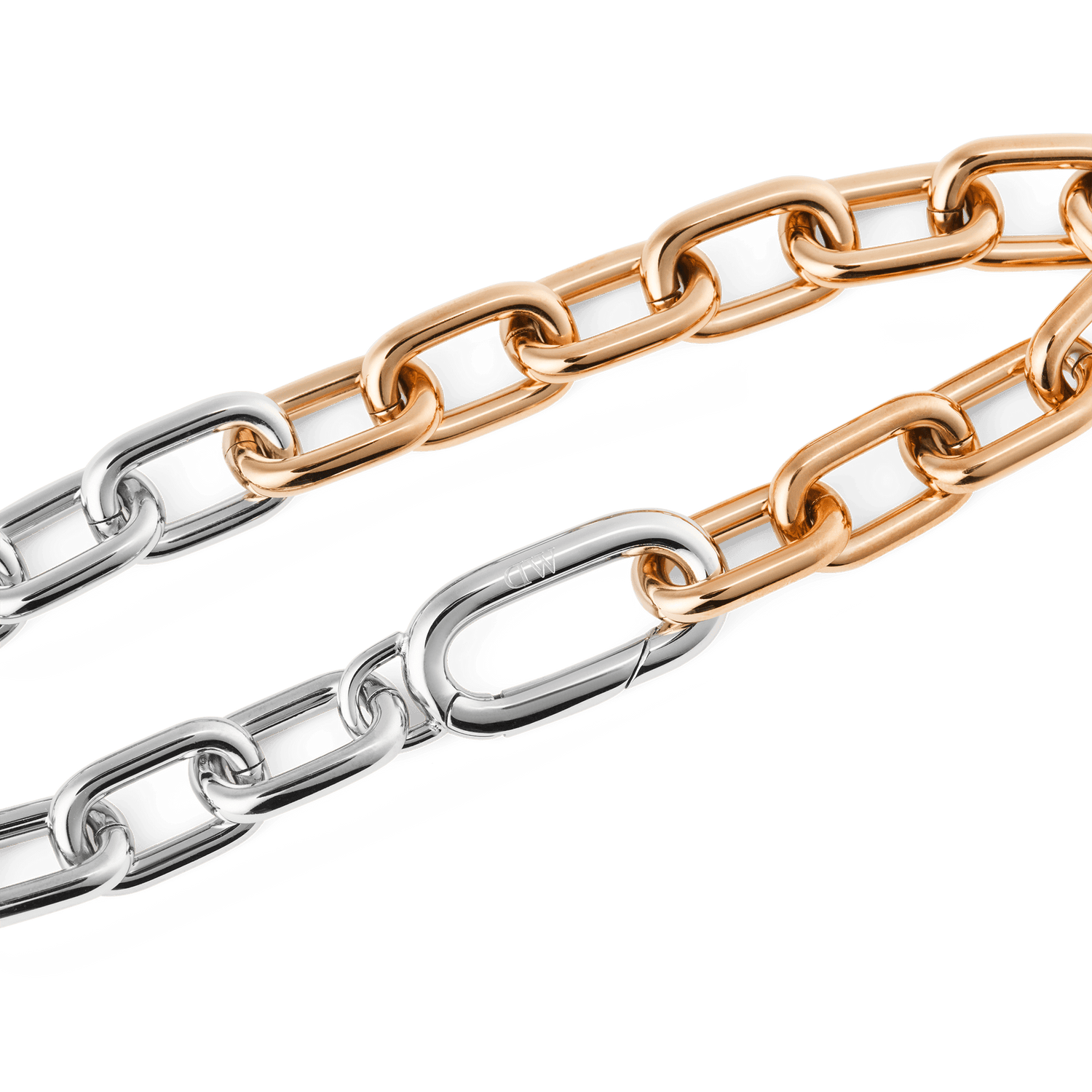 Close-up of the Contrast Link Bracelet Two Tone Rose Gold showing the geometric squared links with polished silver and rose gold finishes, highlighting the crisp contrast and smooth, high quality stainless steel.