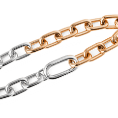 Close-up of the Contrast Link Bracelet Two Tone Rose Gold showing the geometric squared links with polished silver and rose gold finishes, highlighting the crisp contrast and smooth, high quality stainless steel.