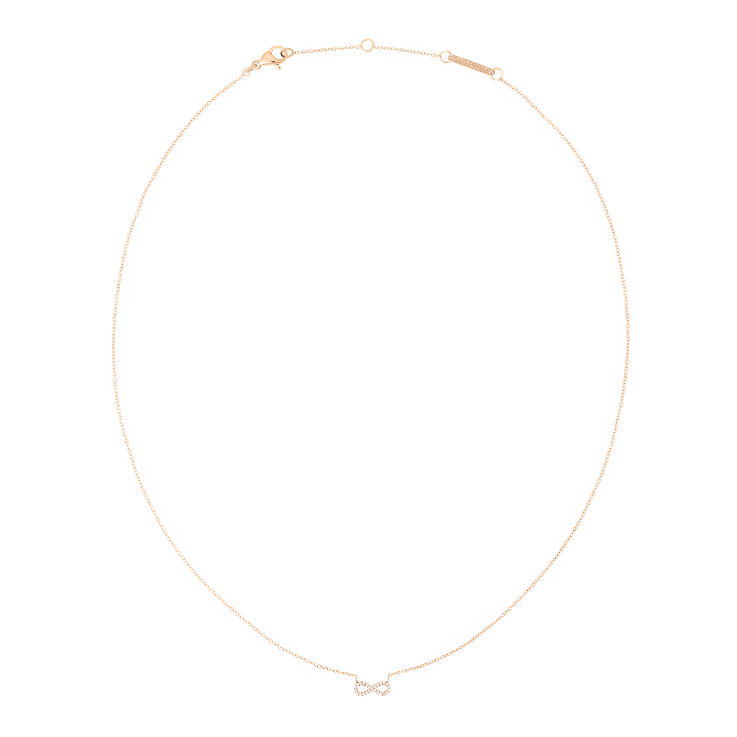 Delicate rose gold necklace featuring a fine chain and a small infinity pendant set with sparkling white cubic zirconia, designed for a minimalist and elegant look.