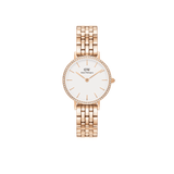 Petite Lumine Bezel 5-Link Melrose ladies watch featuring a rose gold 5-link bracelet, crisp white dial, and a sparkling gemstone bezel, designed for everyday elegance and comfortable wear.