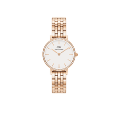 Petite Lumine Bezel 5-Link Melrose ladies watch featuring a rose gold 5-link bracelet, crisp white dial, and a sparkling gemstone bezel, designed for everyday elegance and comfortable wear.