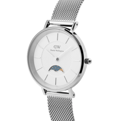 Petite Lune Sterling silver ladies watch with a white textured dial, moon phase sub-dial, and an adjustable stainless steel mesh strap, shown from a side angle to highlight its slim profile and elegant design.