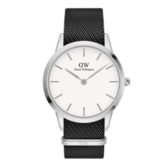 Classic Daniel Wellington Iconic Black NATO White Dial watch featuring a minimalist white dial, silver stainless steel case, and adjustable black NATO strap made from recycled nylon.