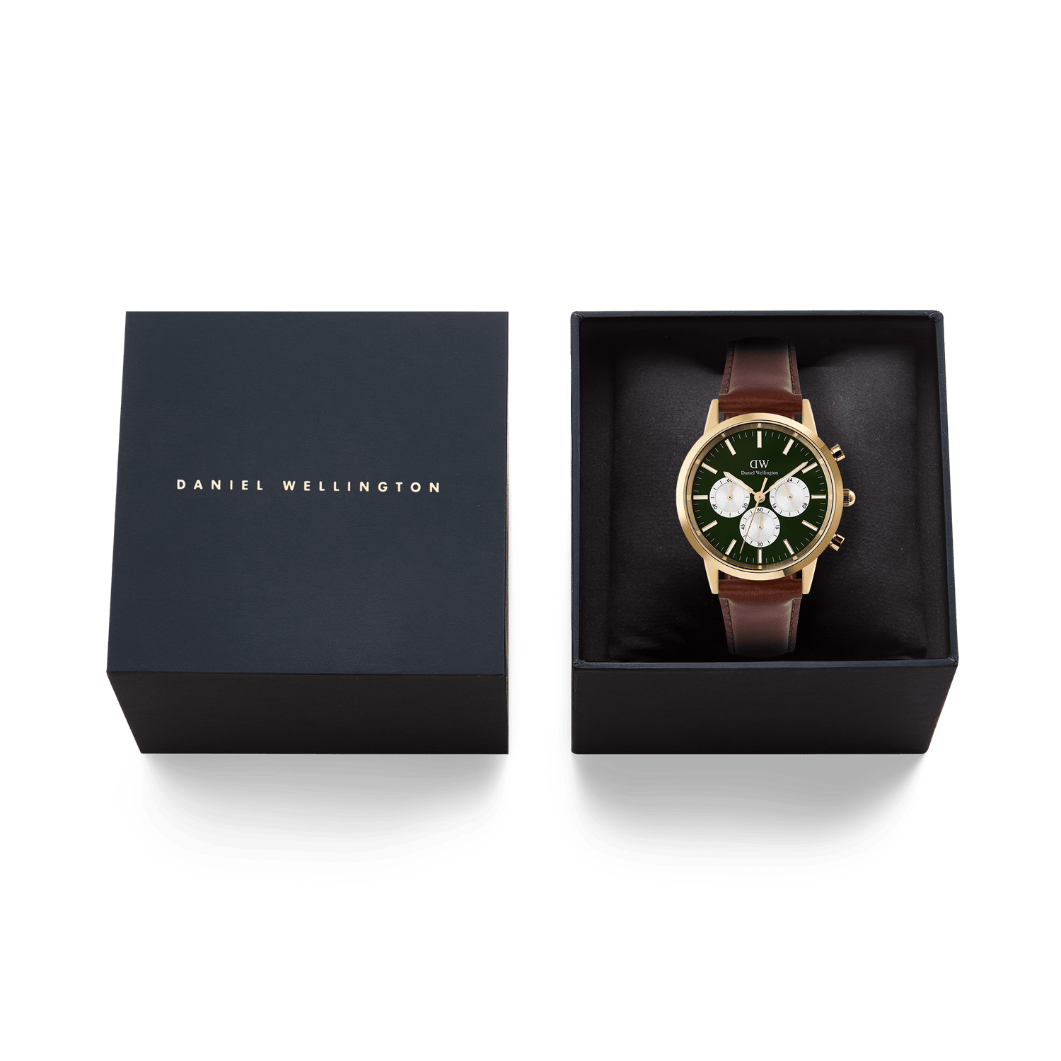 Iconic Chronograph St Mawes Emerald Panda Gold men’s watch presented in a branded Daniel Wellington gift box, featuring a gold case, emerald green dial, panda sub-dials, and brown stitched leather strap.