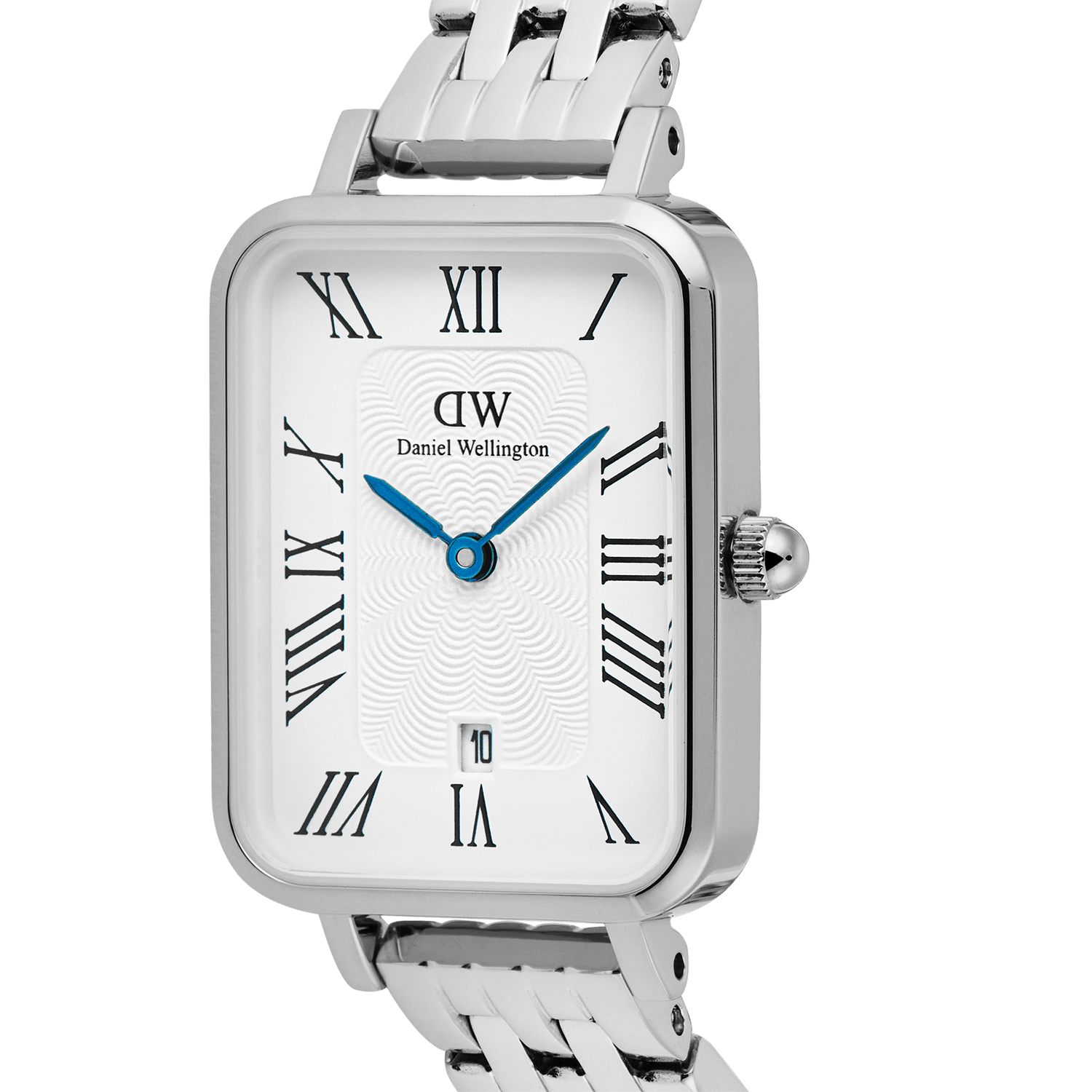 Close-up of the Quadro Roman Numerals Date 5-link Silver watch, highlighting the rectangular stainless steel case, crisp white dial with bold Roman numerals, blue hands, date window at 6 o’clock, and the detailed guilloché pattern.