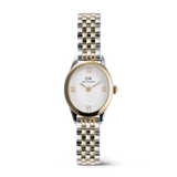 Ophelia Mini Two Tone Gold ladies watch featuring a petite oval case, classic white dial with gold Roman numerals, and a polished gold and silver link bracelet.