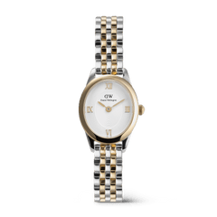 Ophelia Mini Two Tone Gold ladies watch featuring a petite oval case, classic white dial with gold Roman numerals, and a polished gold and silver link bracelet.