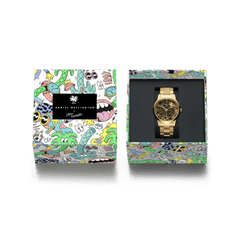 Daniel Wellington Iconic Link Dual Tone Gold watch with Steven Harrington’s gold illustrations on the dial, presented in a colourful limited edition gift box featuring playful artwork.
