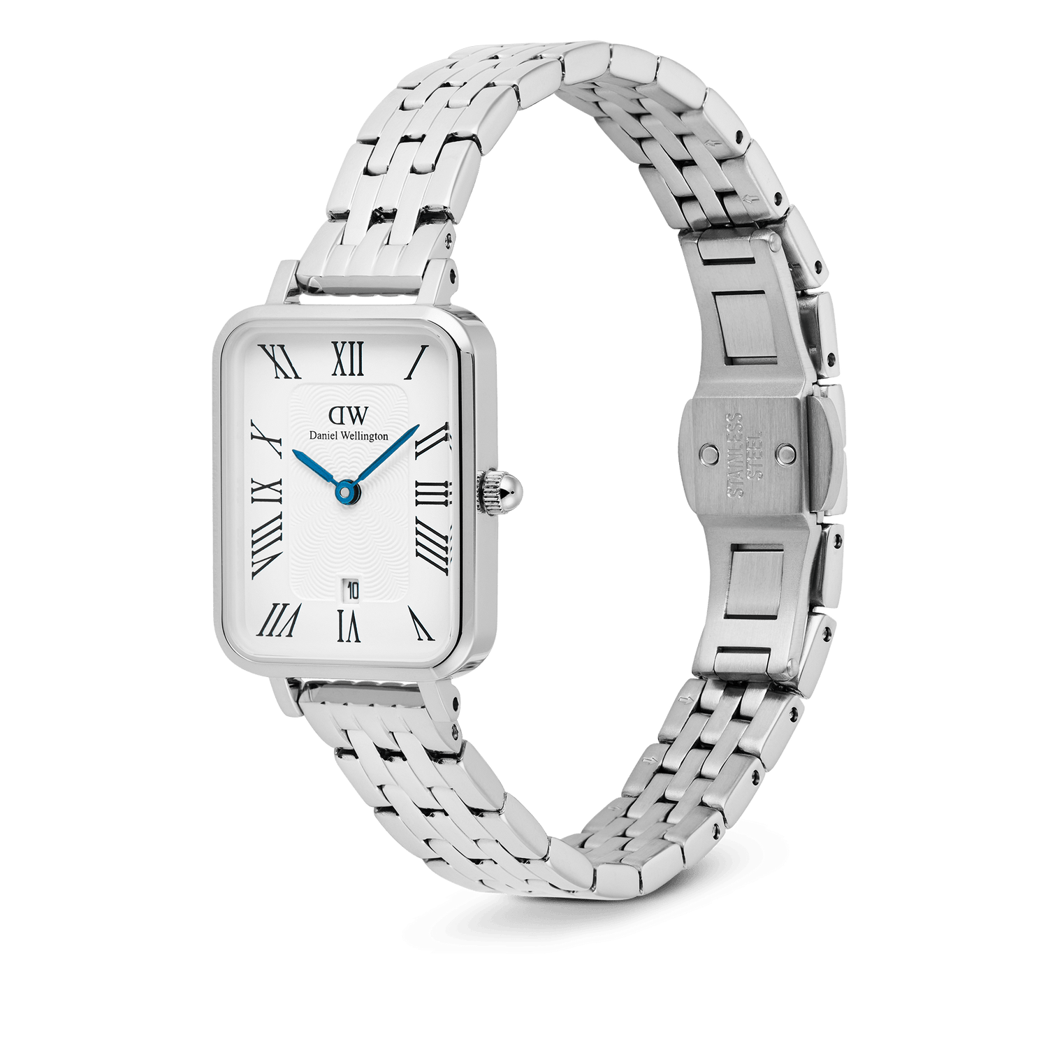 Quadro Roman Numerals Date 5-link Silver watch with a rectangular stainless steel case, polished 5-link bracelet, white dial featuring bold Roman numerals, blue hands, and a date window at 6 o’clock, shown with a butterfly clasp and adjustable strap.