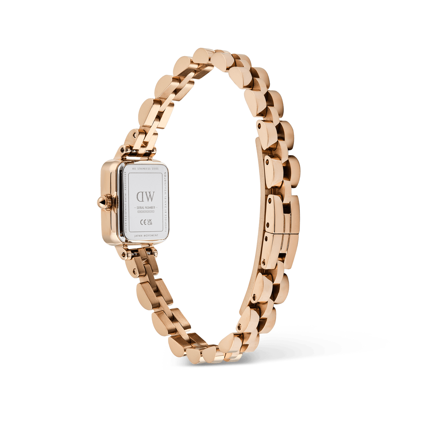 Quadro Mini Arch 3-link Onyx Sunray Rose Gold ladies watch showing the back of the rectangular case and rose gold three-link bracelet, highlighting the stainless steel construction and adjustable butterfly clasp.