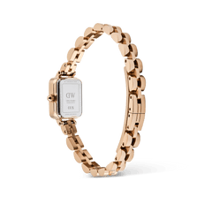 Quadro Mini Arch 3-link Onyx Sunray Rose Gold ladies watch showing the back of the rectangular case and rose gold three-link bracelet, highlighting the stainless steel construction and adjustable butterfly clasp.