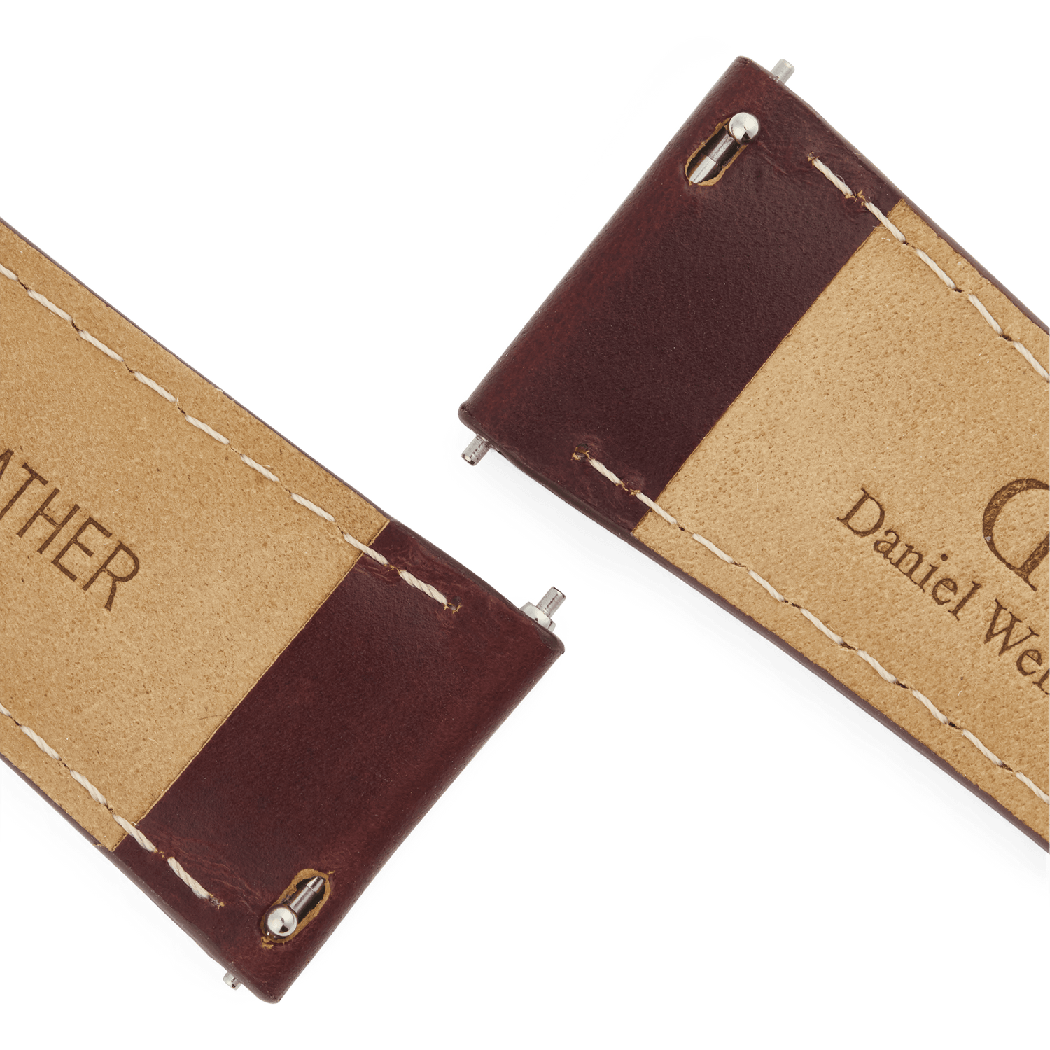 Close-up of the underside of the Tapered St Mawes Strap Gold, showing genuine brown leather with white stitching and quick-release spring bars for easy attachment to a watch.