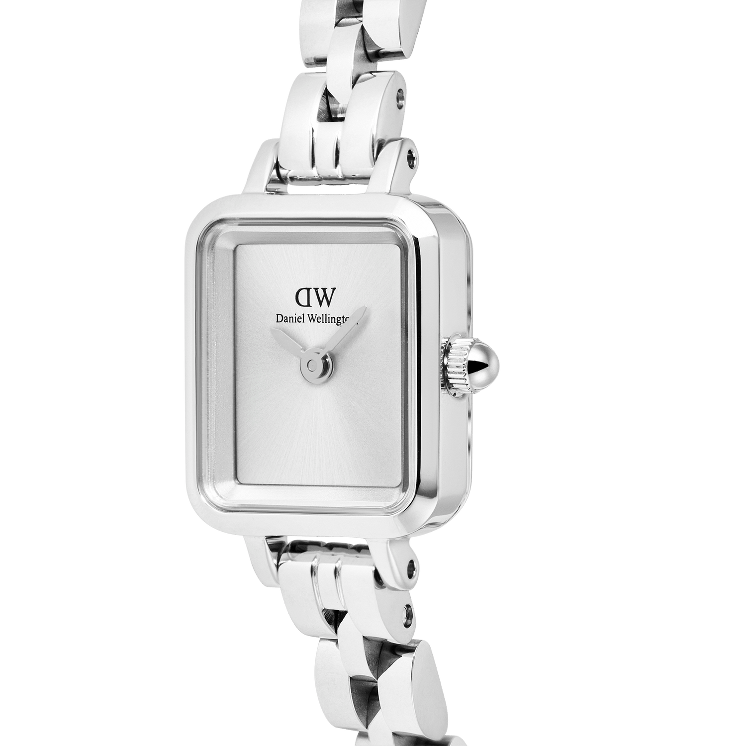 Close-up of the Quadro Mini Arch 3-link White Sunray Silver ladies watch, highlighting its rectangular stainless steel case, minimalist white sunray dial, and polished silver 3-link bracelet.