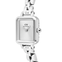 Close-up of the Quadro Mini Arch 3-link White Sunray Silver ladies watch, highlighting its rectangular stainless steel case, minimalist white sunray dial, and polished silver 3-link bracelet.