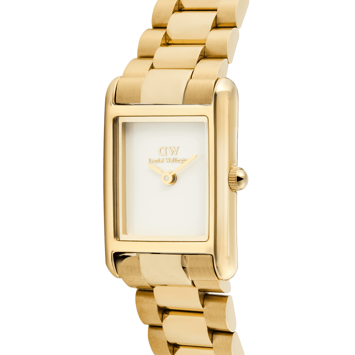 Close-up of the Bound Mini 3-Link Gold watch showing its polished rectangular gold case, crisp white dial, and classic 3-link gold bracelet with a minimalist design.