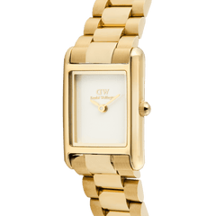 Close-up of the Bound Mini 3-Link Gold watch showing its polished rectangular gold case, crisp white dial, and classic 3-link gold bracelet with a minimalist design.