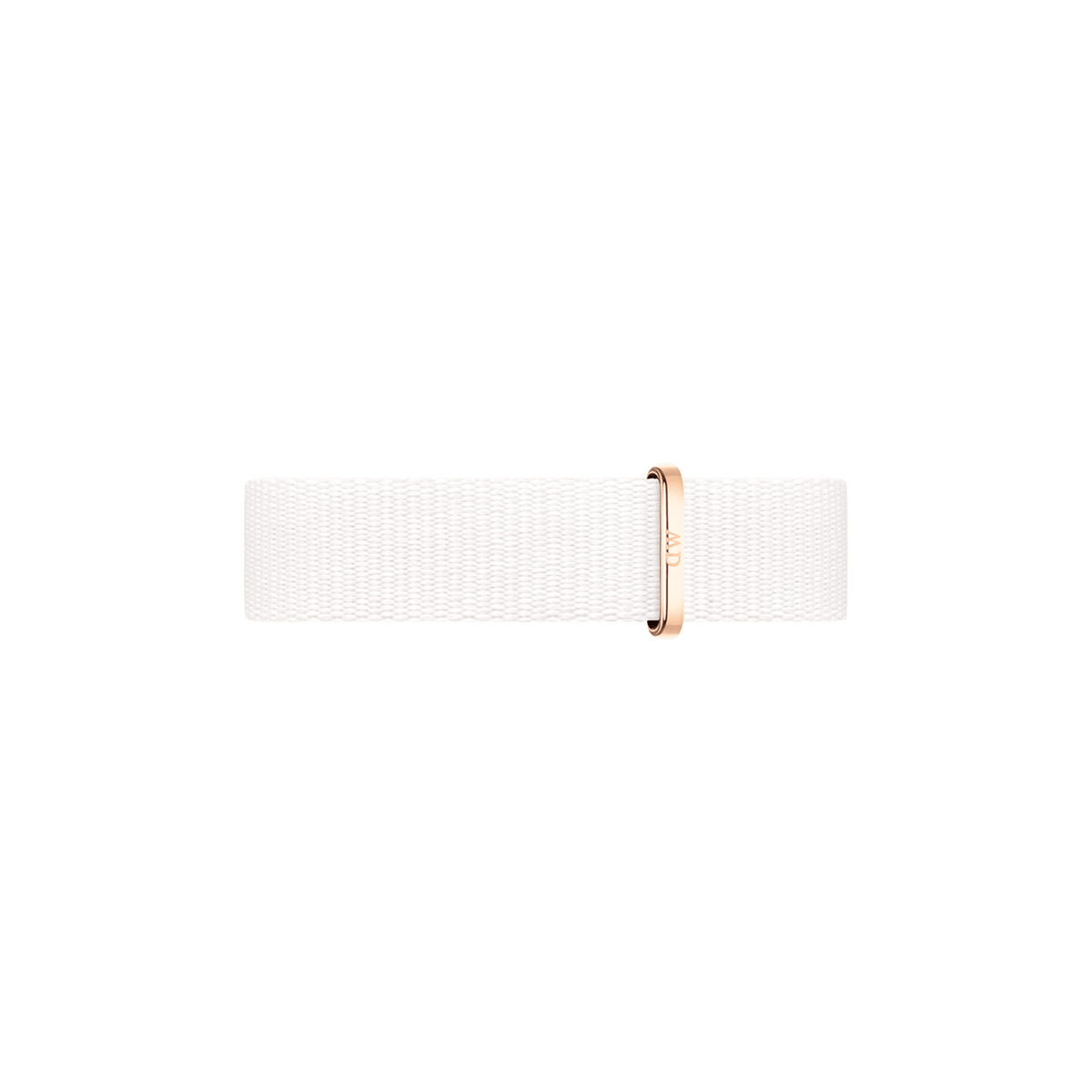 Minimalist white NATO style watch strap with a rose gold buckle, designed for versatility and comfort on a range of watch sizes.
