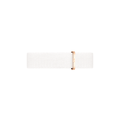 Minimalist white NATO style watch strap with a rose gold buckle, designed for versatility and comfort on a range of watch sizes.
