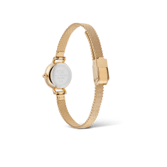 Petite Mini Evergold gold mesh band watch shown from the back, highlighting the stainless steel case, PVD gold plating, and adjustable safety clasp designed for small wrists.