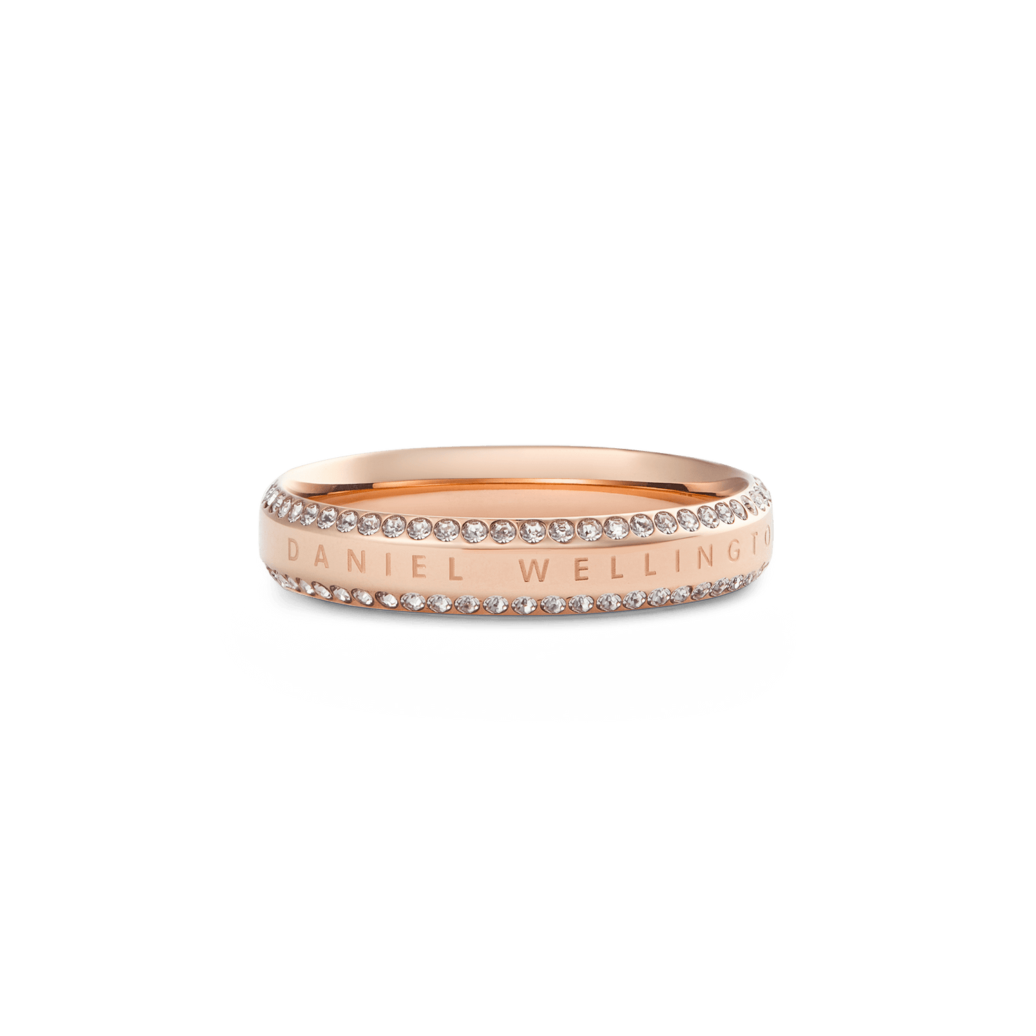 Classic Aura Duo Ring Rose Gold displays a slim rose gold band with two rows of white cubic zirconia crystals and engraved branding, offering a versatile and elegant look for both casual and formal occasions.