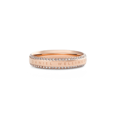 Classic Aura Duo Ring Rose Gold displays a slim rose gold band with two rows of white cubic zirconia crystals and engraved branding, offering a versatile and elegant look for both casual and formal occasions.