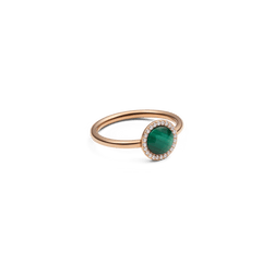 Audrey Ring Malachite Rose Gold with a slim rose gold band, featuring a domed green malachite centre and a sparkling halo of white cubic zirconia for a refined, modern look.