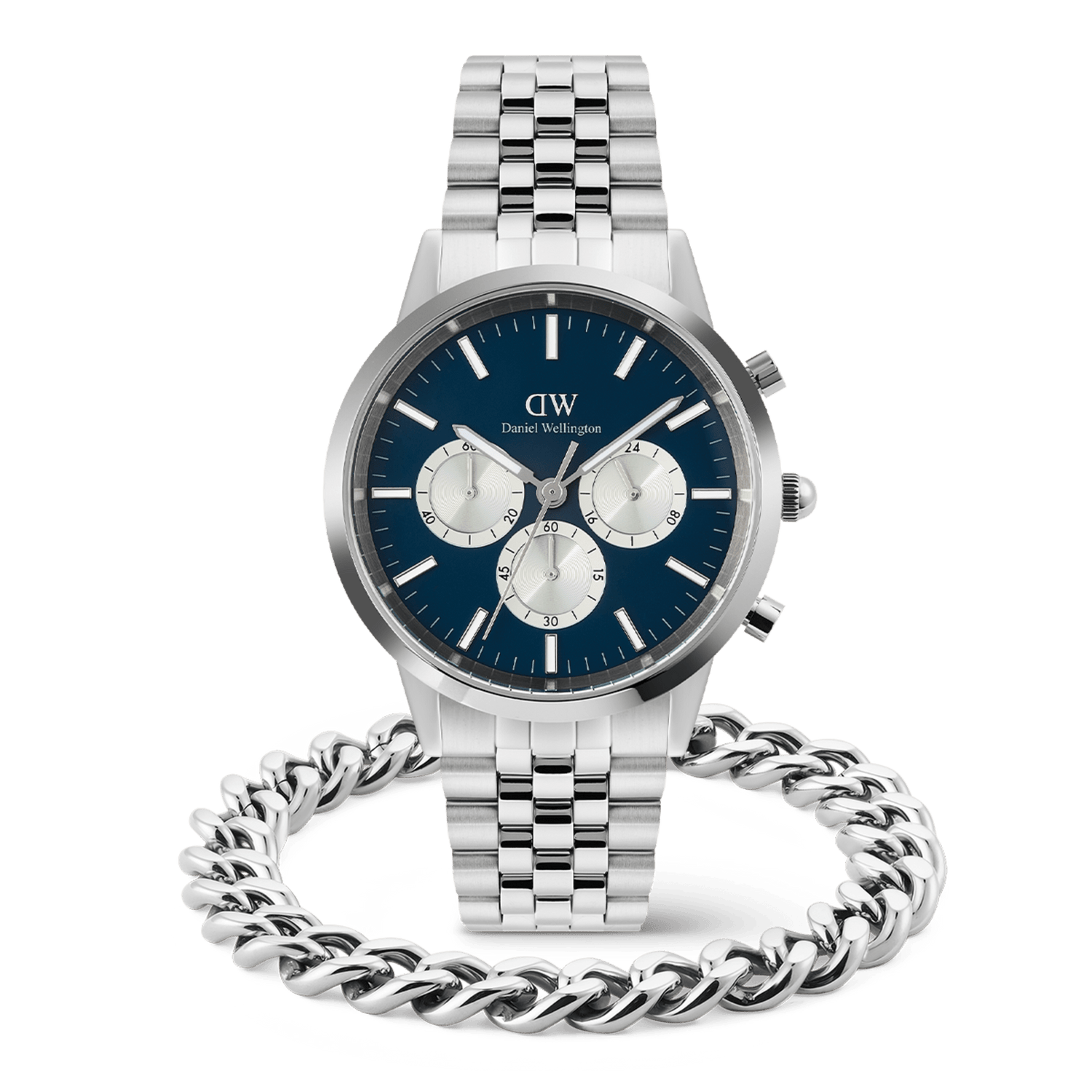 Iconic Chronograph Panda + Ellipse Cuban Chain Bracelet Silver Set