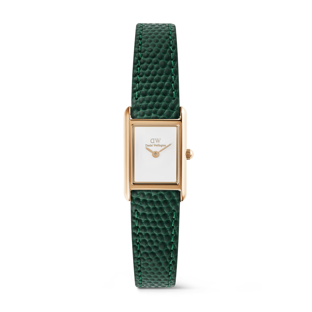 Bound Mini Green Lizard Rose Gold women’s watch featuring a rectangular rose gold case, minimalist white dial, and textured green lizard-embossed leather strap.