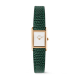 Bound Mini Green Lizard Rose Gold women’s watch featuring a rectangular rose gold case, minimalist white dial, and textured green lizard-embossed leather strap.